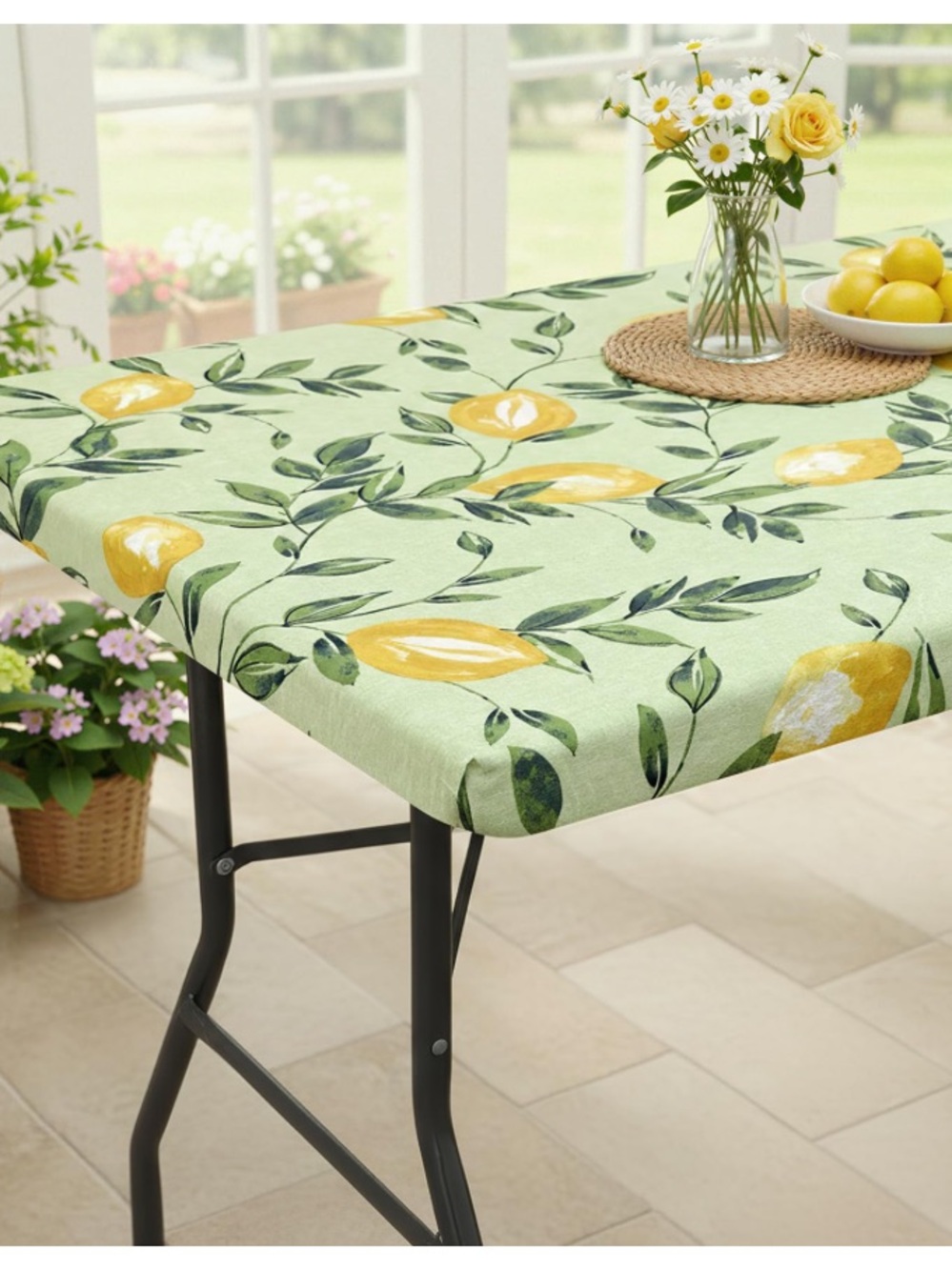 Lemon Tablecloth Vinyl Waterproof Elastic Fitted 24x48” Yellow Green